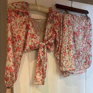 O.Vianca Floral Tie-Front Blouse and Skirt Set